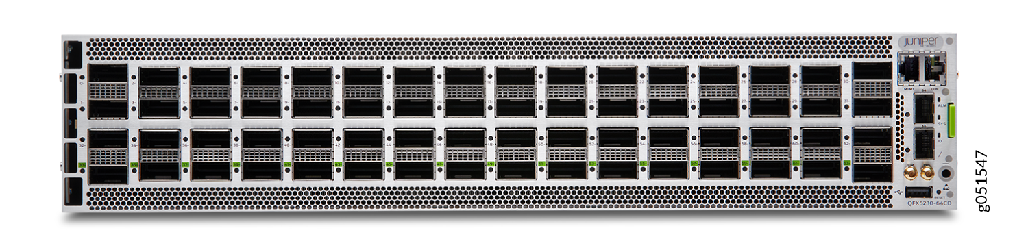 Juniper Networks QFX5230-64CD switch with 64 QSFP28 ports for high-speed connections in data centers.