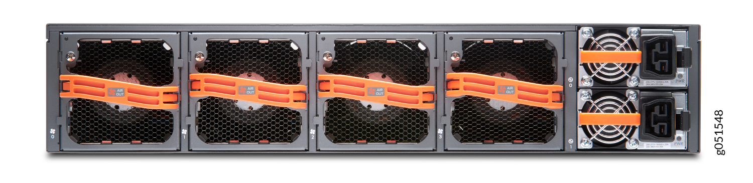 Rear view of server chassis showing hot-swappable cooling fans with honeycomb grilles and redundant power supply units with orange handles.