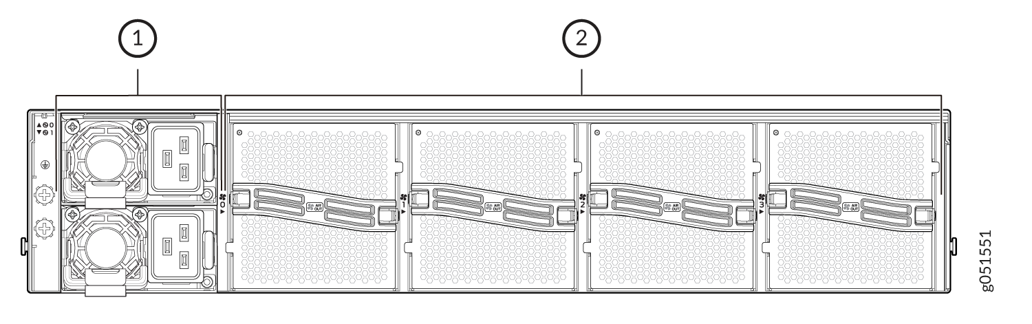 Rear view of a server with two power supply units and drive bays with handles for cooling airflow.