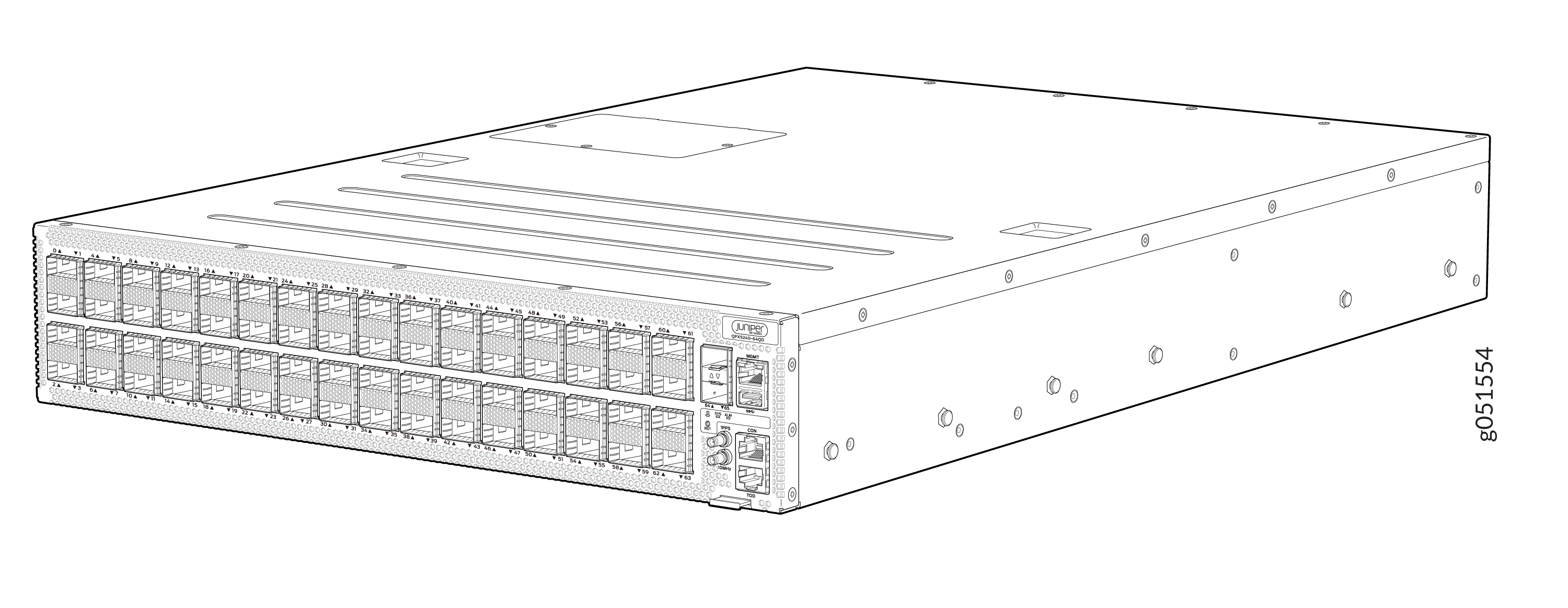 Juniper Networks QFX5340-48U switch with high-density ports and management console on the right for configuration.