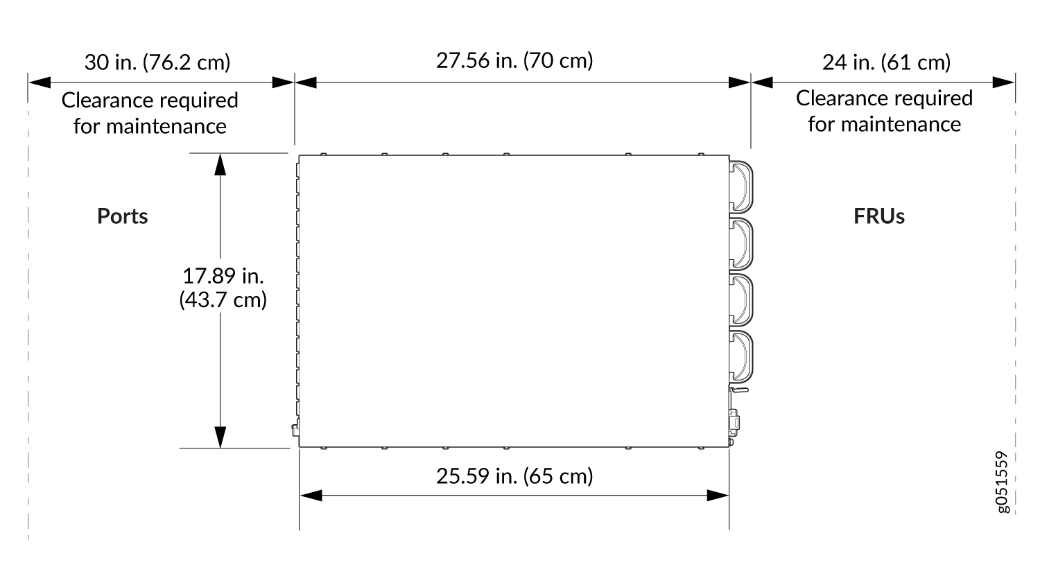 Technical diagram showing server dimensions: width 25.59 inches, height 17.89 inches, depth 27.56 inches. Maintenance clearance: 30 inches on one side, 24 inches on the other. Ports and FRUs marked.
