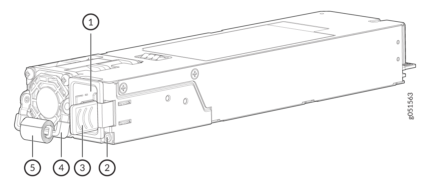 Technical drawing of a power supply unit with labeled components: connector, mounting holes, airflow vent, fan, and latch or handle. Hot-swappable design.