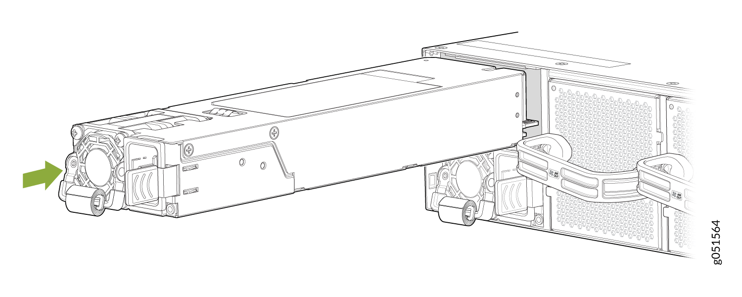 Removing a power supply unit from a server with a green arrow indicating the direction.