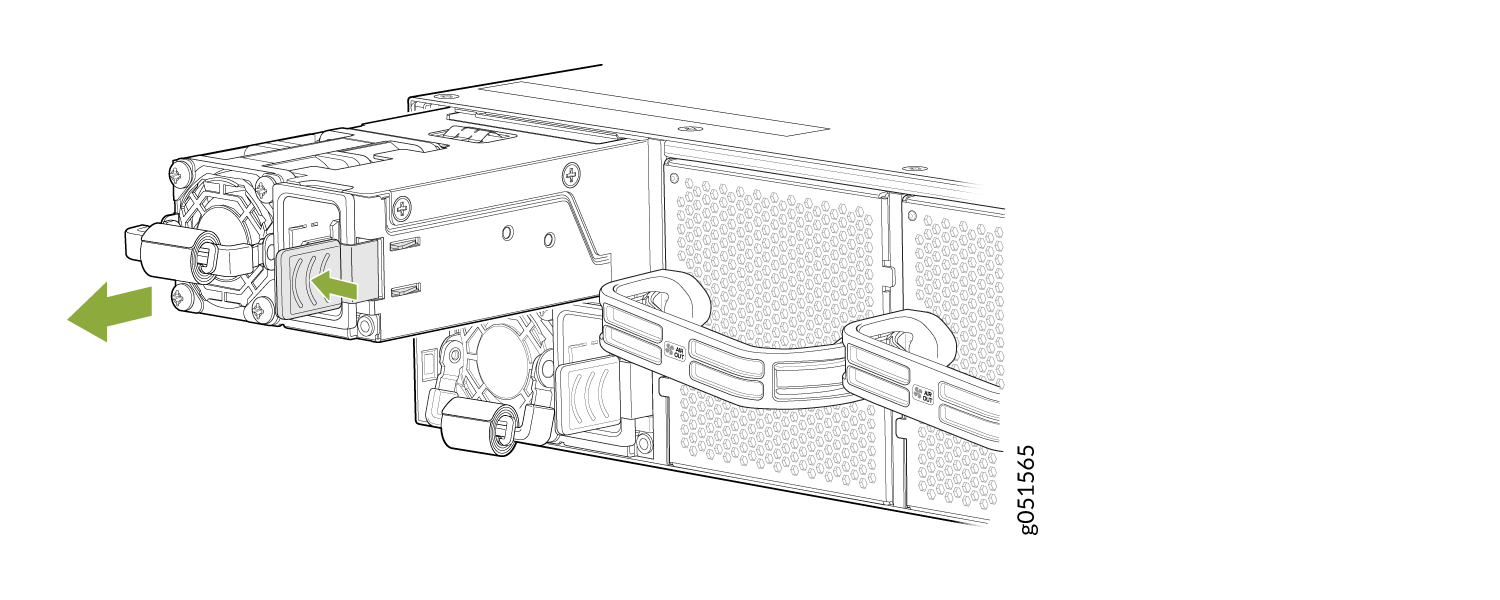Removing or installing a PSU in server equipment with green arrows showing direction; includes cooling fans and connectors.