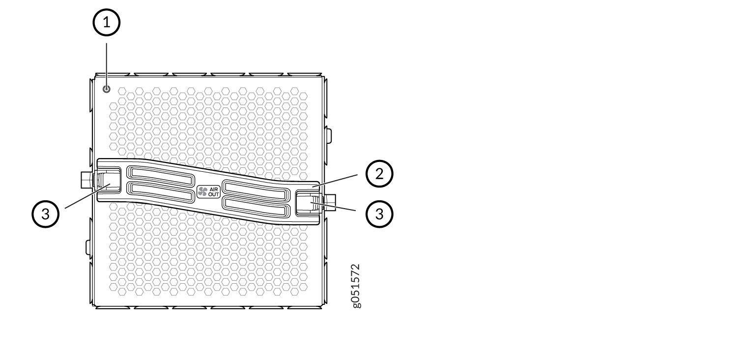 Diagram of a device with labeled parts. Top left screw, center handle labeled AIR OUT, side screws, hexagonal pattern suggesting ventilation, label g051572 on side.
