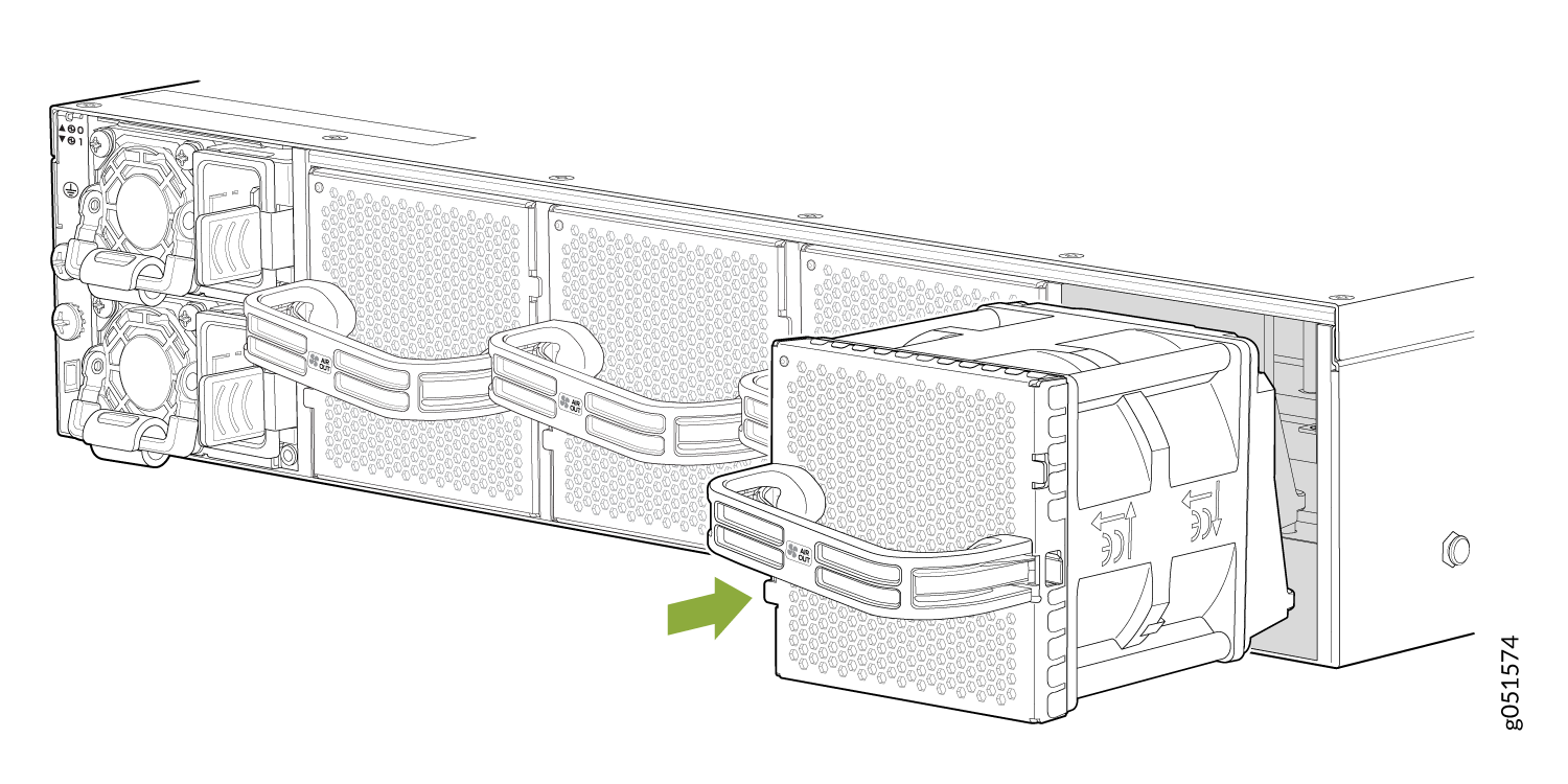 Hot-swappable fan module being removed from server chassis with green arrow indicating direction.