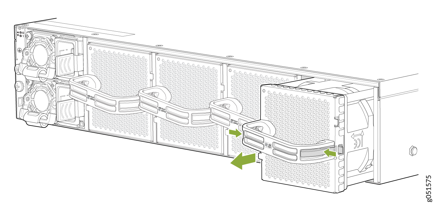 Server cooling system with green arrows showing airflow direction and fan module removal process for maintenance.