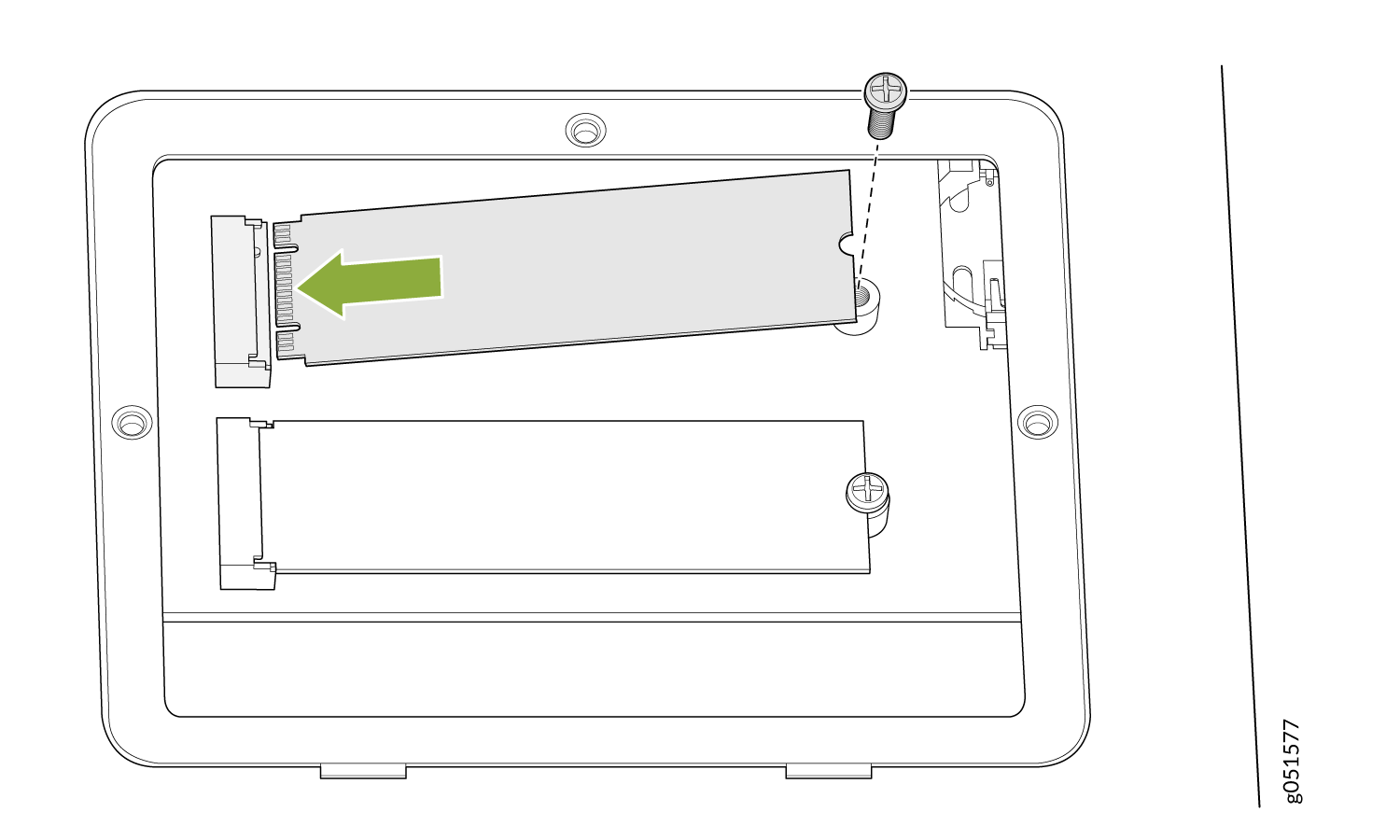 Module installation or removal process with green arrow showing direction, visible screws, and mounting points.