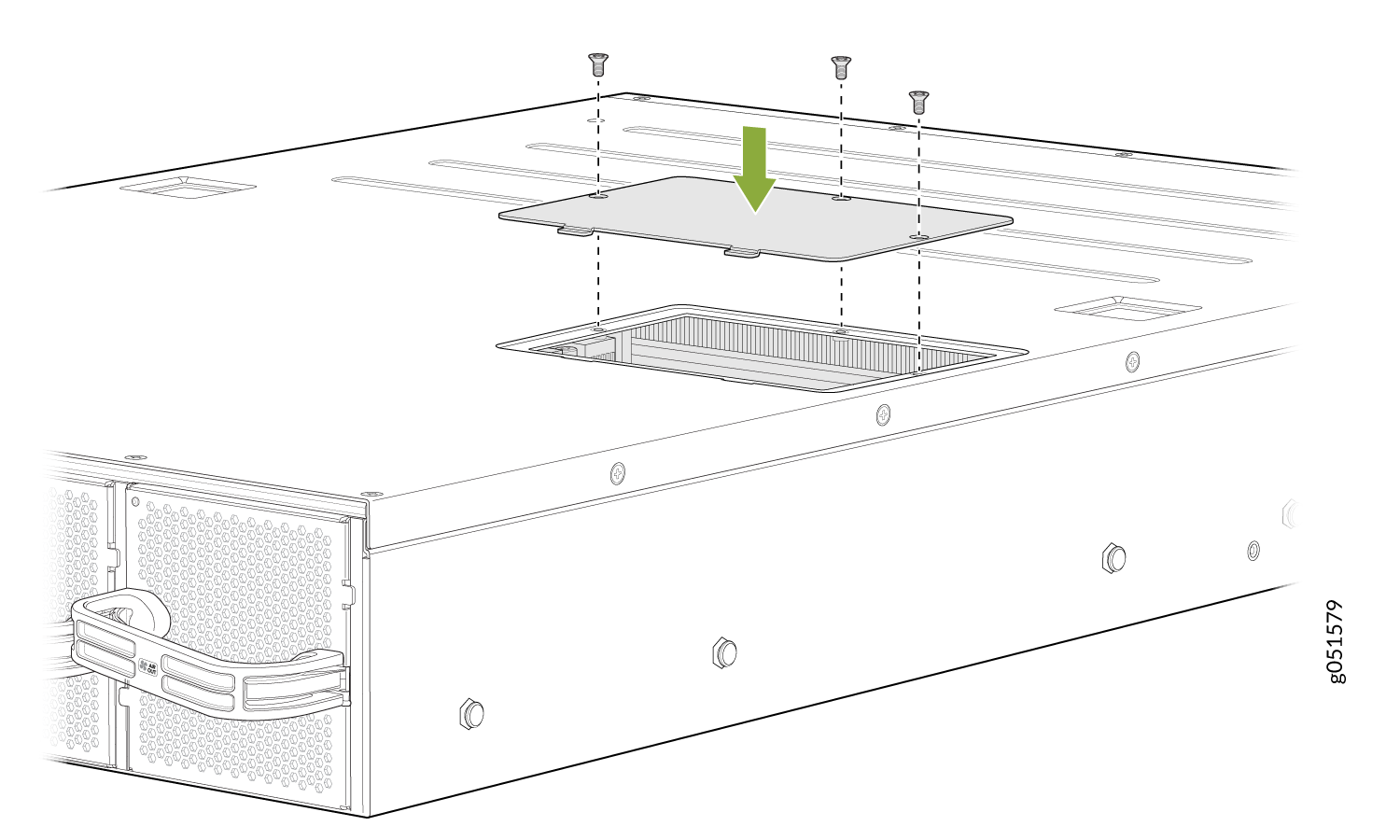 Removing or installing a panel on a server; green arrow shows direction, screws secure panel, vented section for airflow.