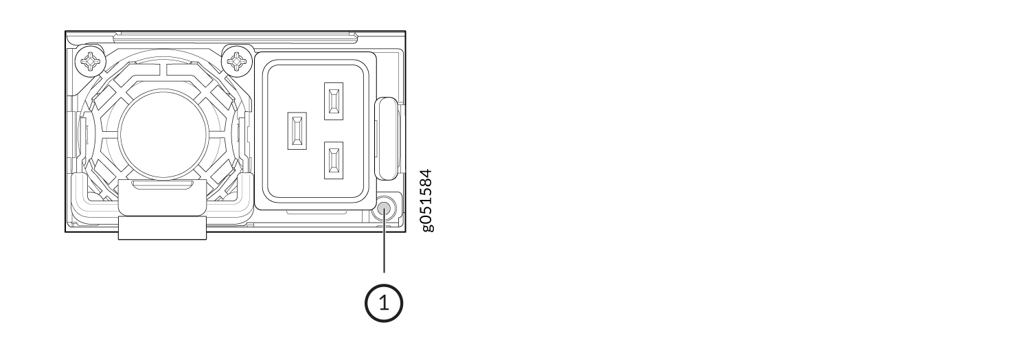 Technical drawing of device rear panel with circular fan on left, three-prong power socket on right, labeled g051584, circled 1.