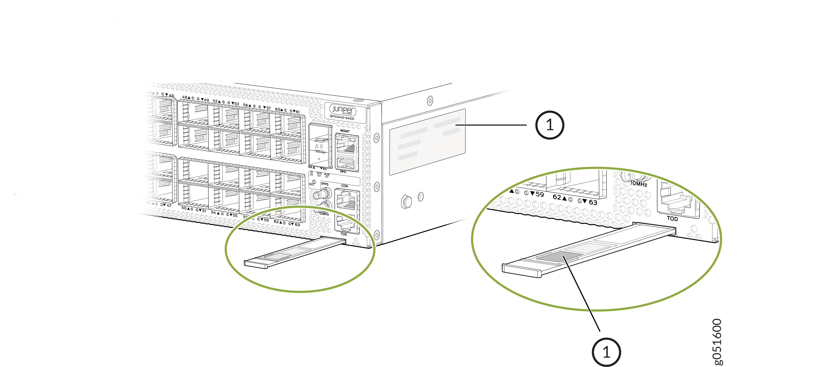 Juniper QFX5240-96CD switch with removable identification tag for documentation or device information.