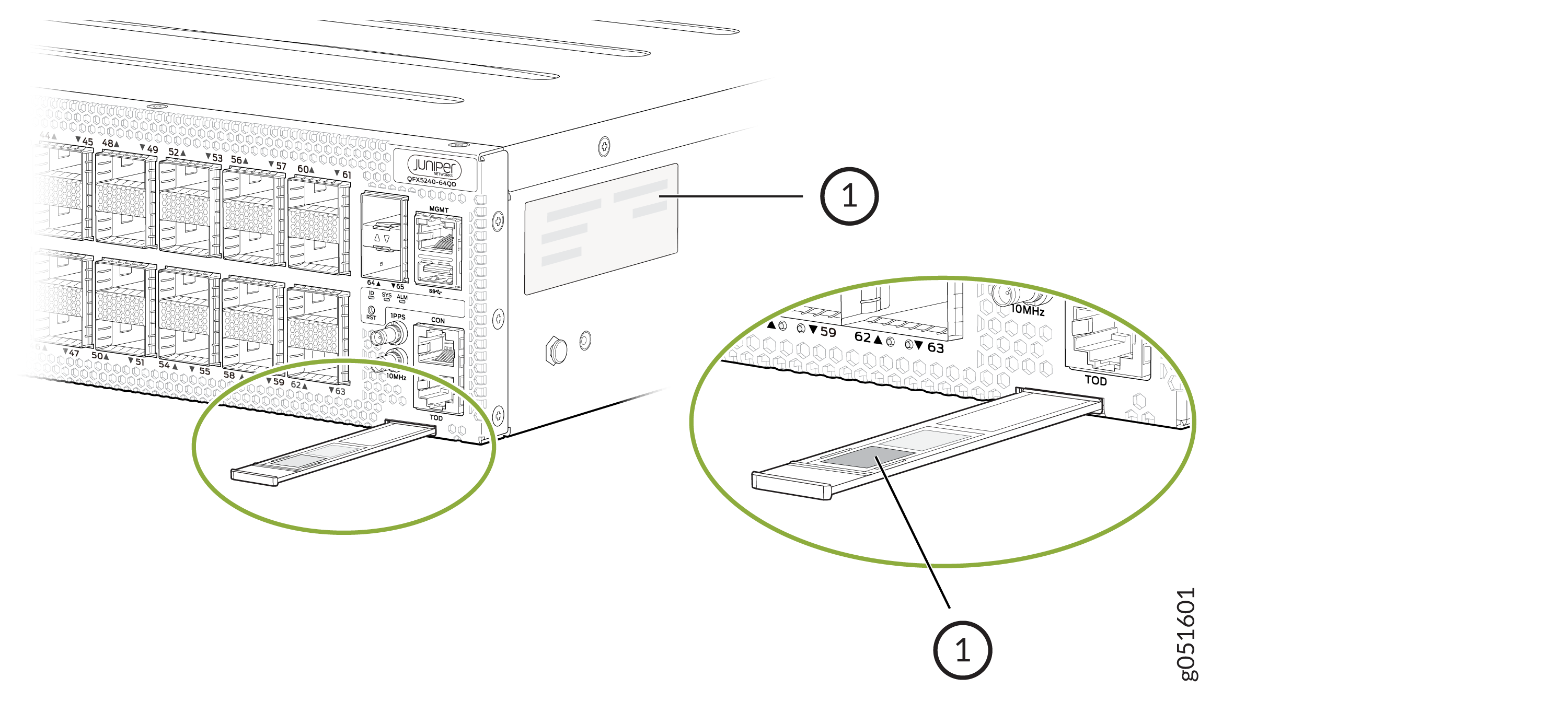 Rear panel of Juniper Networks QFX5240-64Q switch with pull-out label tray highlighted for device or port identification.