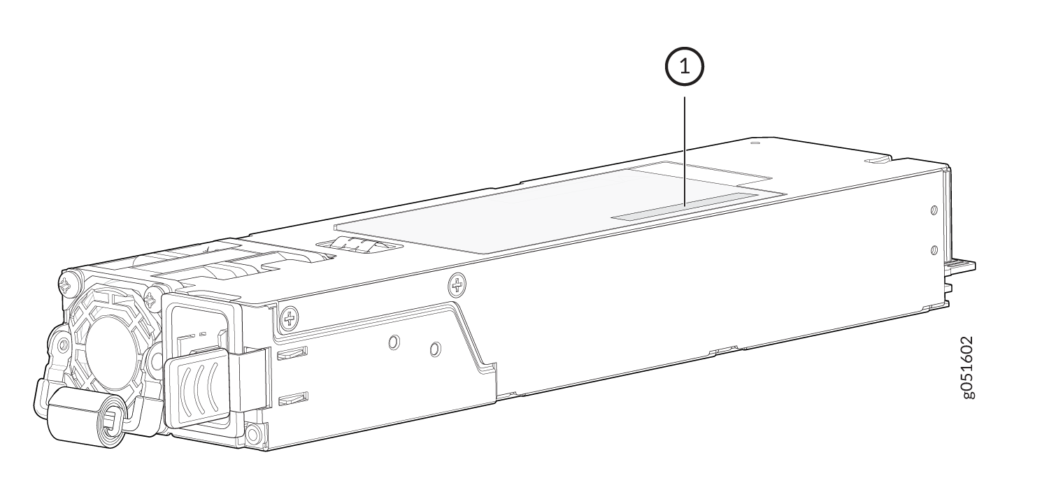 Technical drawing of a server power supply unit with labeled section 1 highlighting a specific component; includes fan and power connectors.