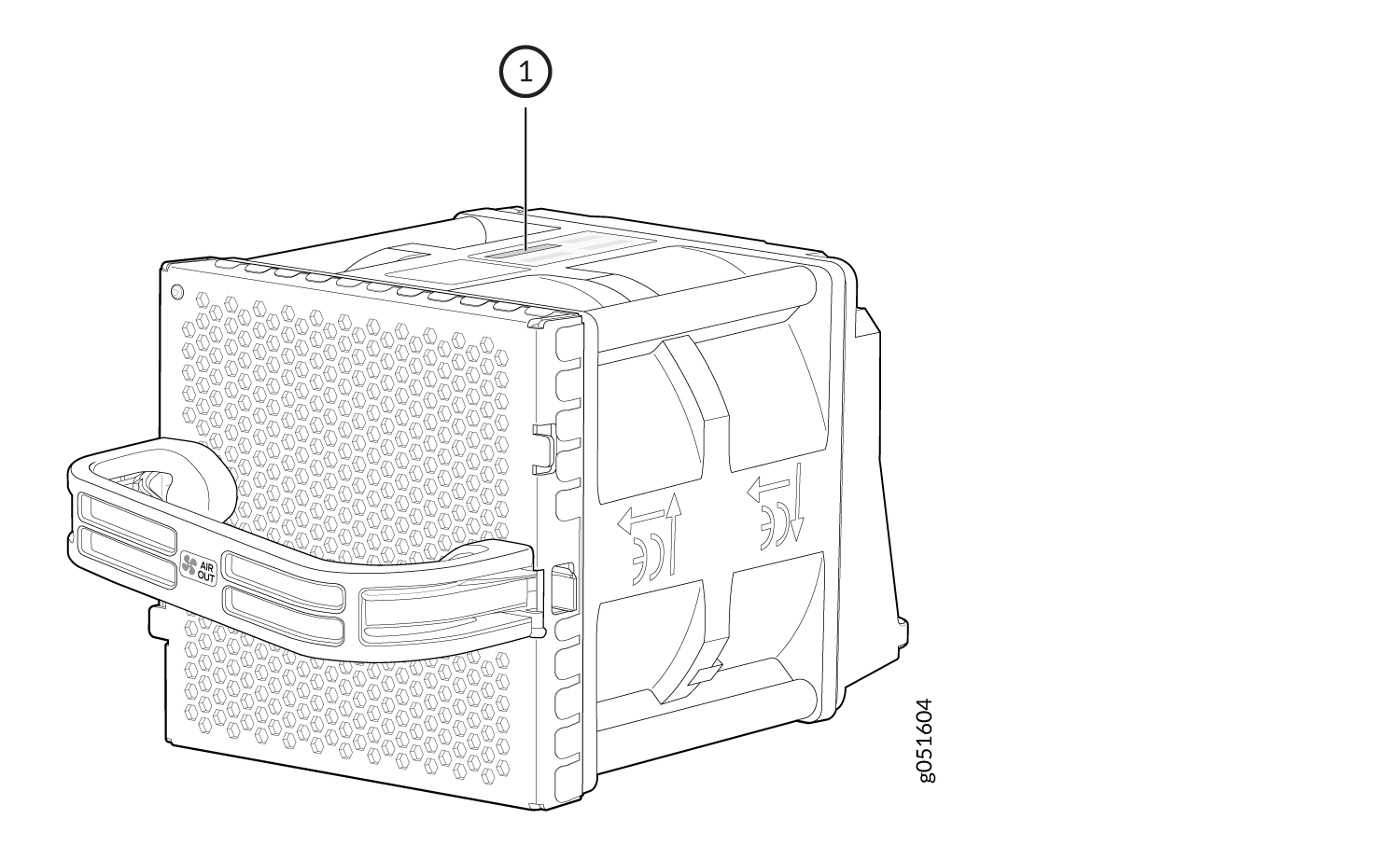 Technical illustration of a power supply unit with a handle, honeycomb ventilation, and airflow arrows labeled AIR OUT.