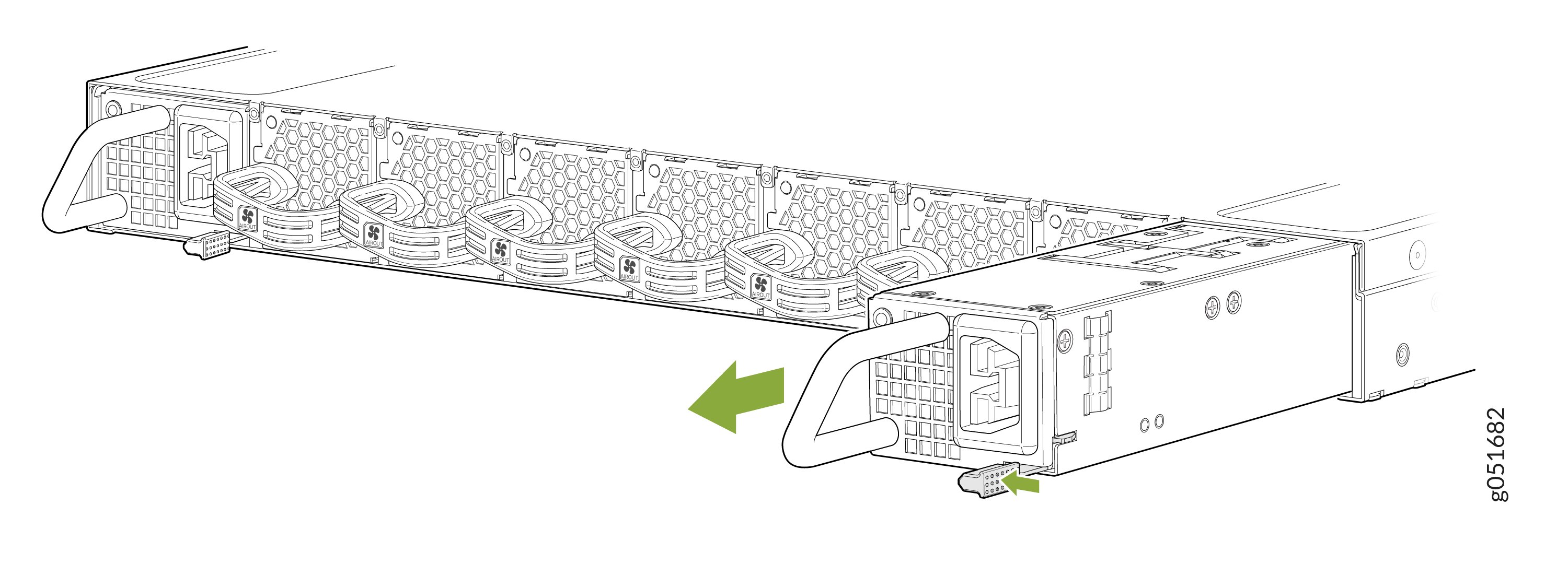 Removing or installing a PSU in server equipment with green arrows showing direction; includes cooling fans and connectors.