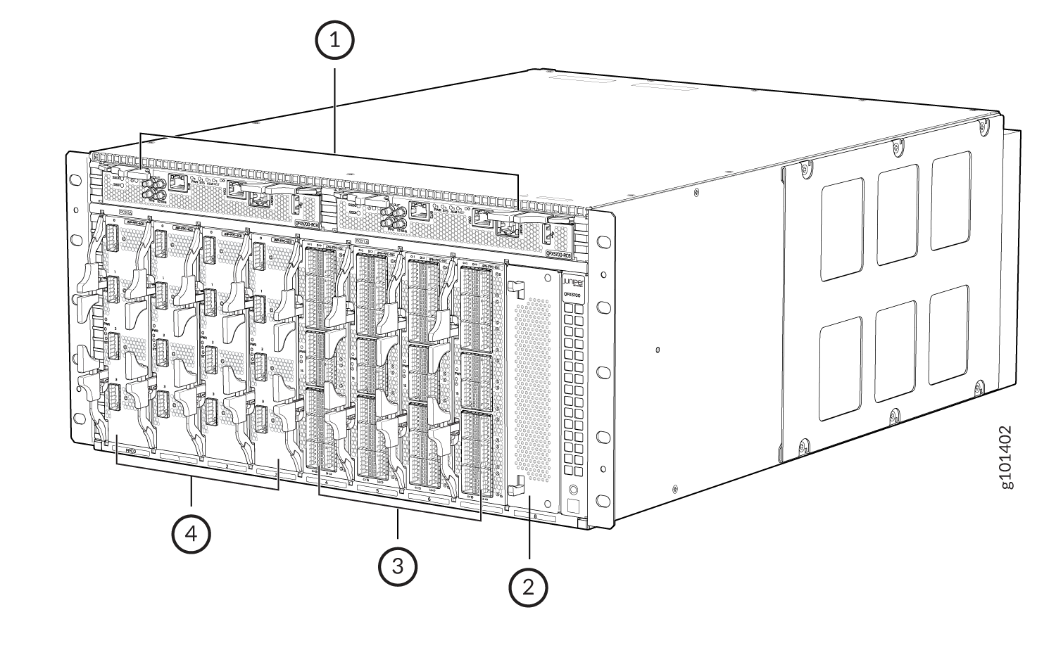 Technical drawing of a modular hardware system, likely a server chassis, with labeled control interfaces, ventilation panels, modular slots, and expansion modules.