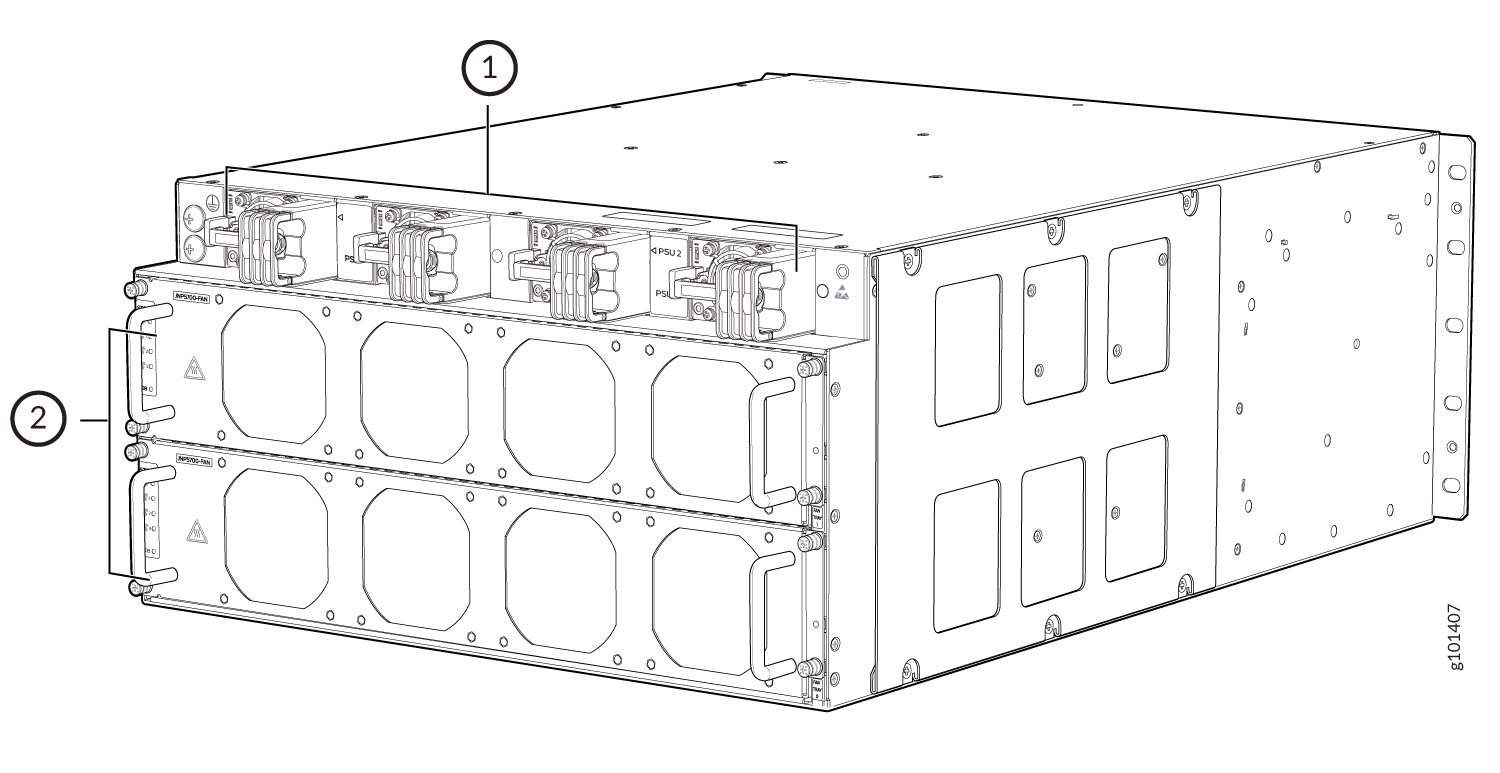 Technical diagram of a rack-mounted server with labeled components like power supply units and cooling fans.