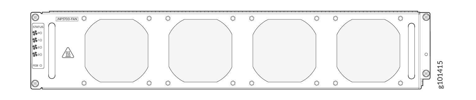 Technical drawing of JNP5700-FAN module with four fan slots and status indicators, part of a rack-mounted cooling system.