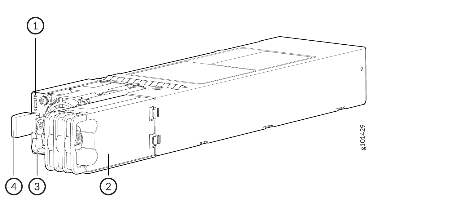 Diagram of a modular electronic component with numbered labels: 1. Connector interface 2. Cooling system 3. Mounting mechanism 4. Power input port.