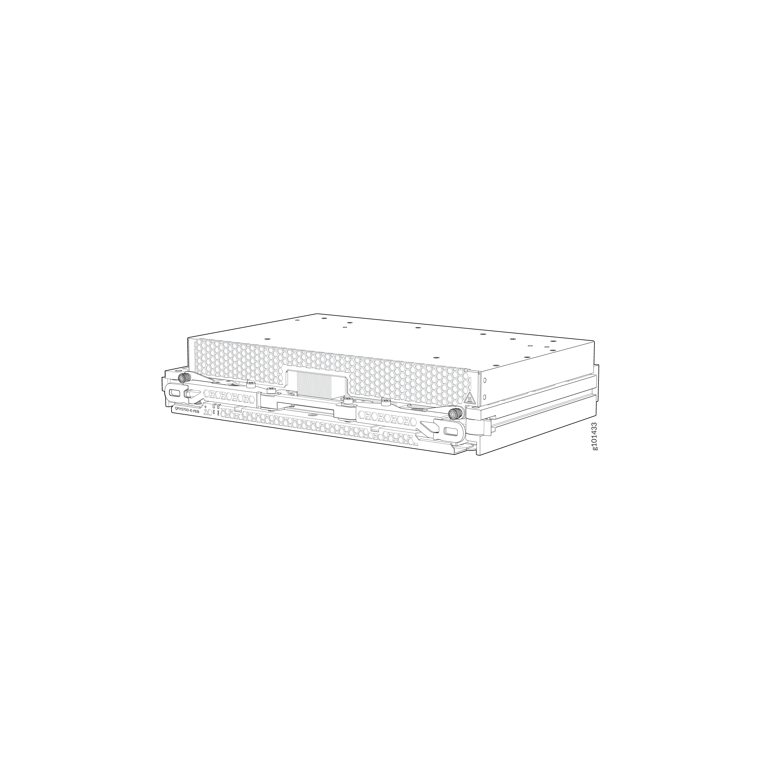 Technical line drawing of a server module with perforated front panel, handles, and connectors for rack-mounted data center use.