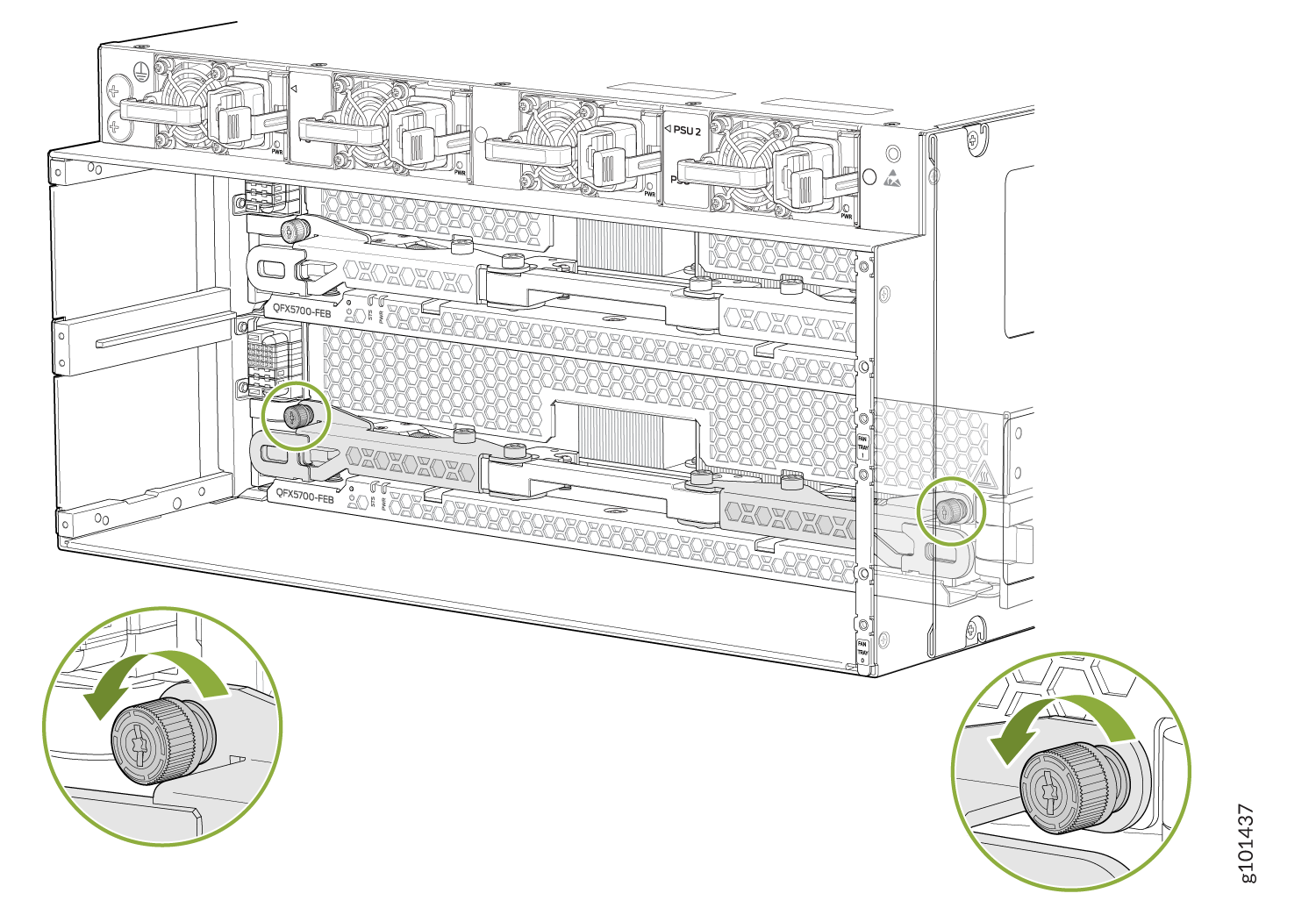 Rear view of Juniper Networks QFX5700 switch, showing PSUs, fan modules, FRUs, and green circles highlighting captive screws.