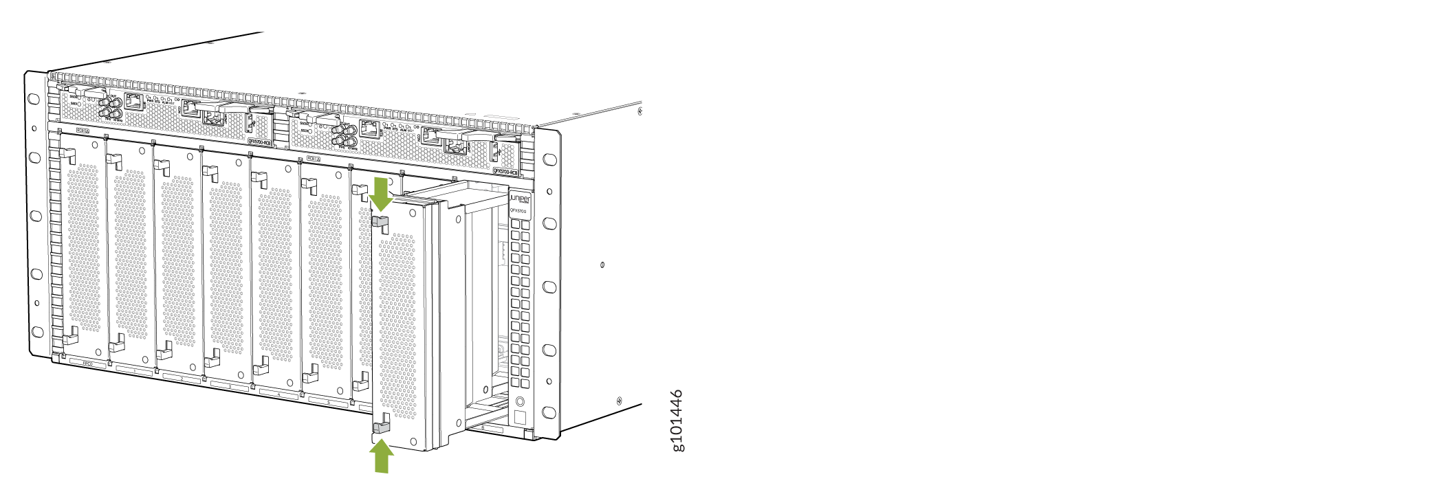 Juniper Networks chassis with a modular system. A module is being inserted or removed, highlighted by green arrows.