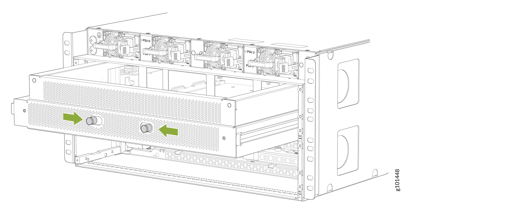 Technical illustration of a server chassis showing front panel and internal components with green arrows highlighting securing knobs.