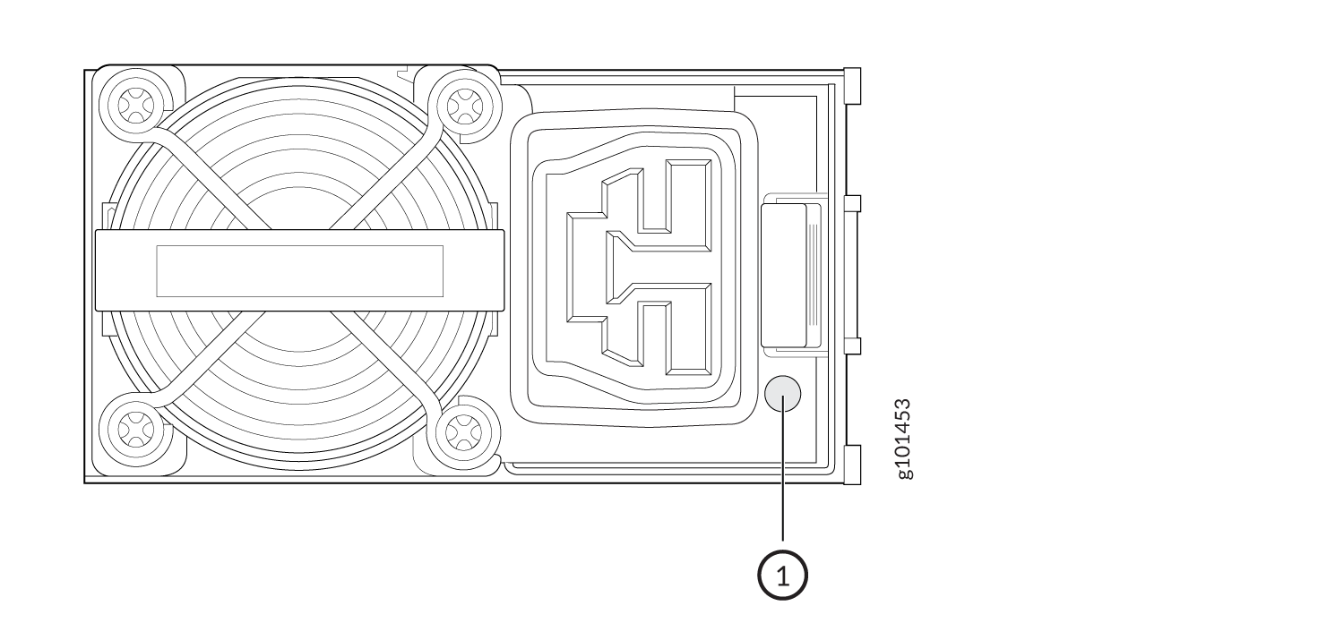 Technical drawing of a cooling system component with a fan on the left and a connector on the right.