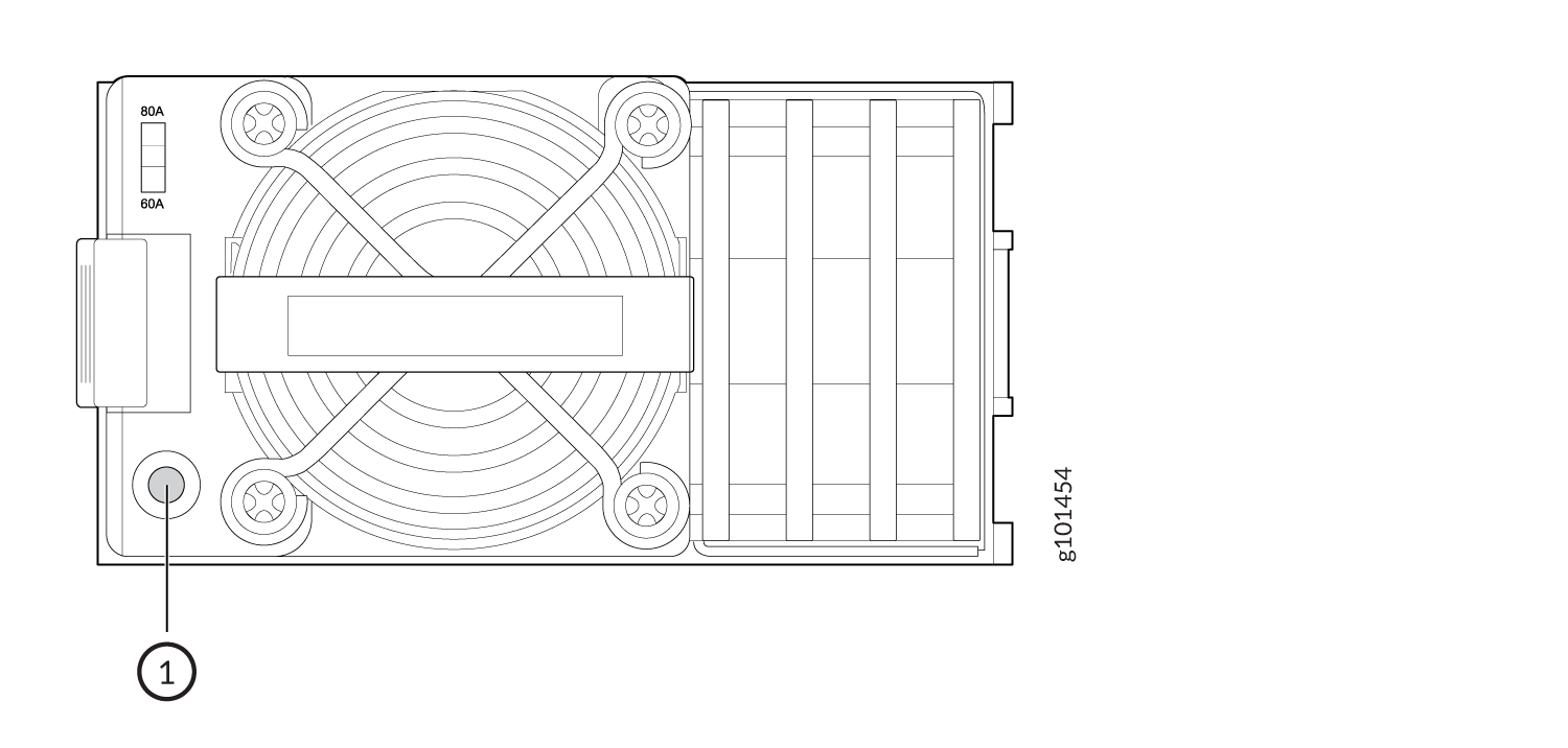 Technical diagram of a power supply unit showing a fan with grille, handle, indicators 80A and 60A, and a button labeled 1.
