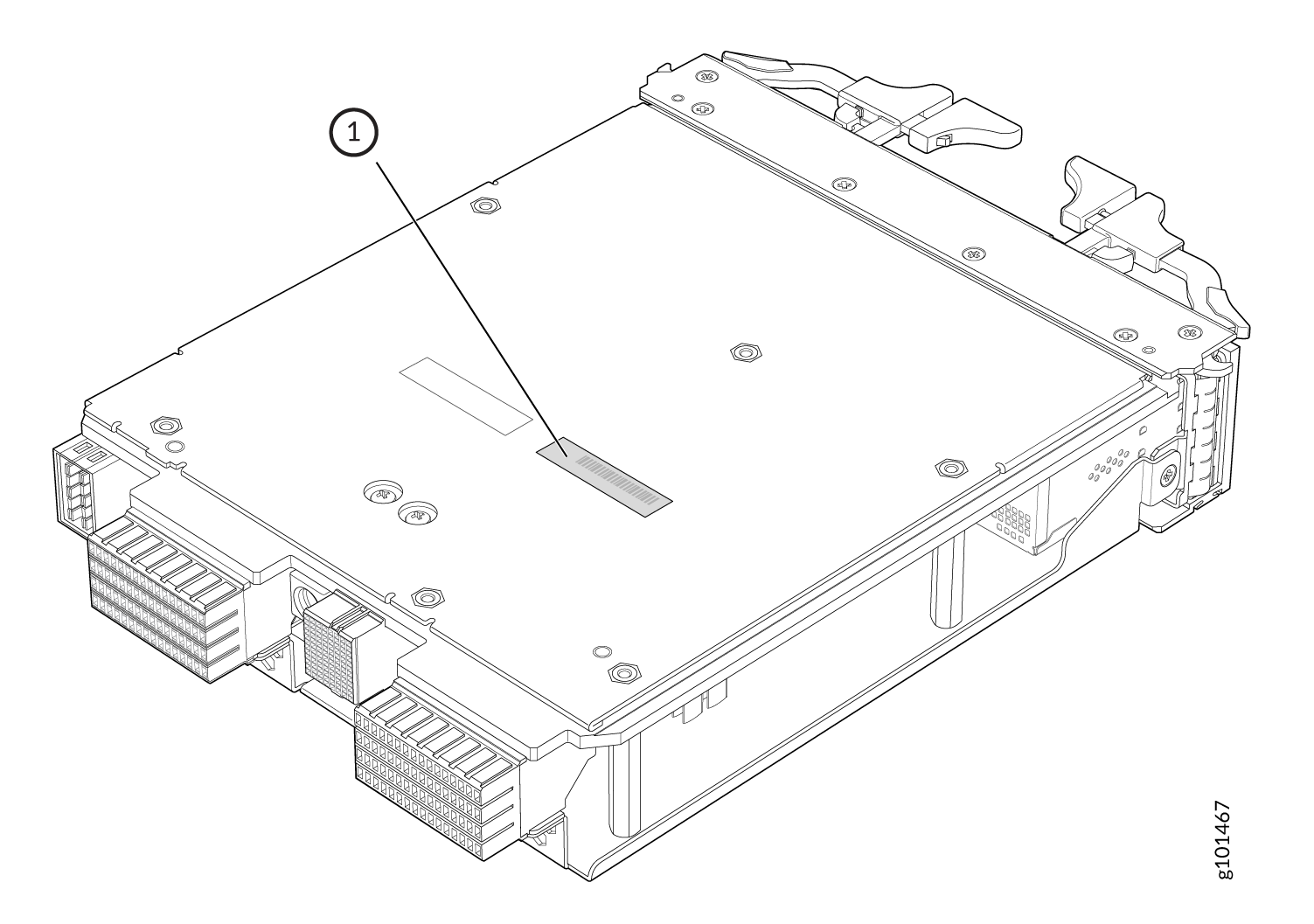 Blade server illustration highlighting barcode label on top surface, with connectors and handles for chassis insertion and removal.