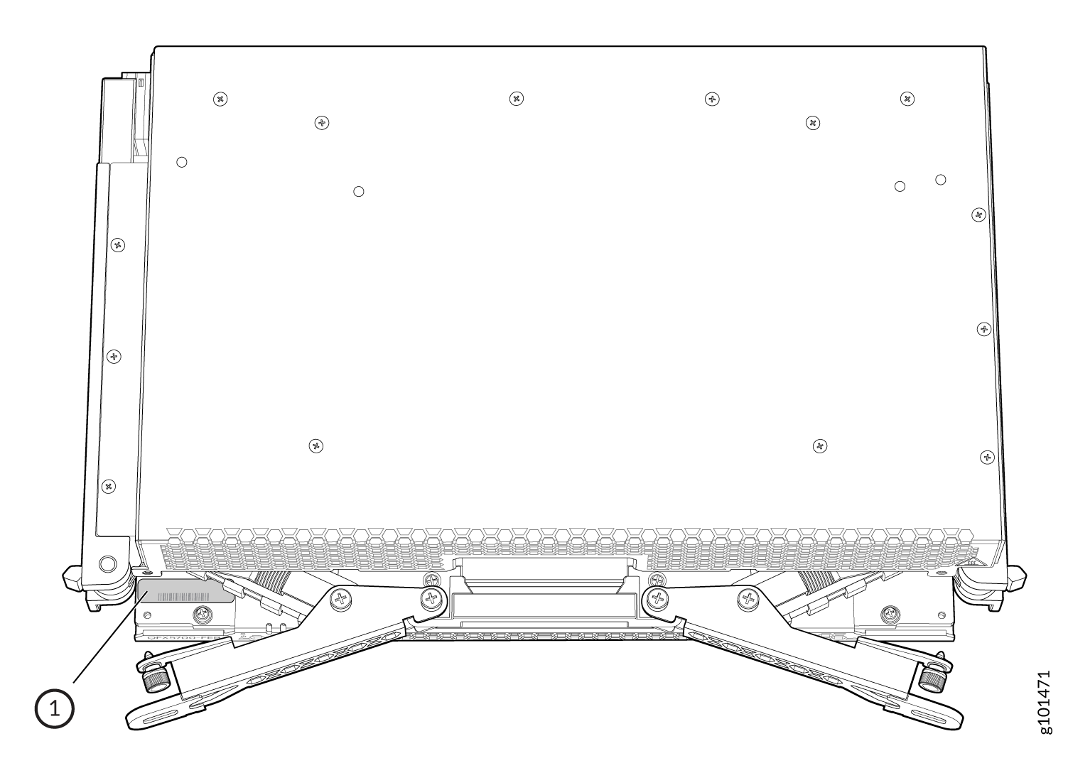 Front view diagram of a blade server showing mounting brackets, screws, ventilation holes, and part labeled 1 as a locking mechanism.