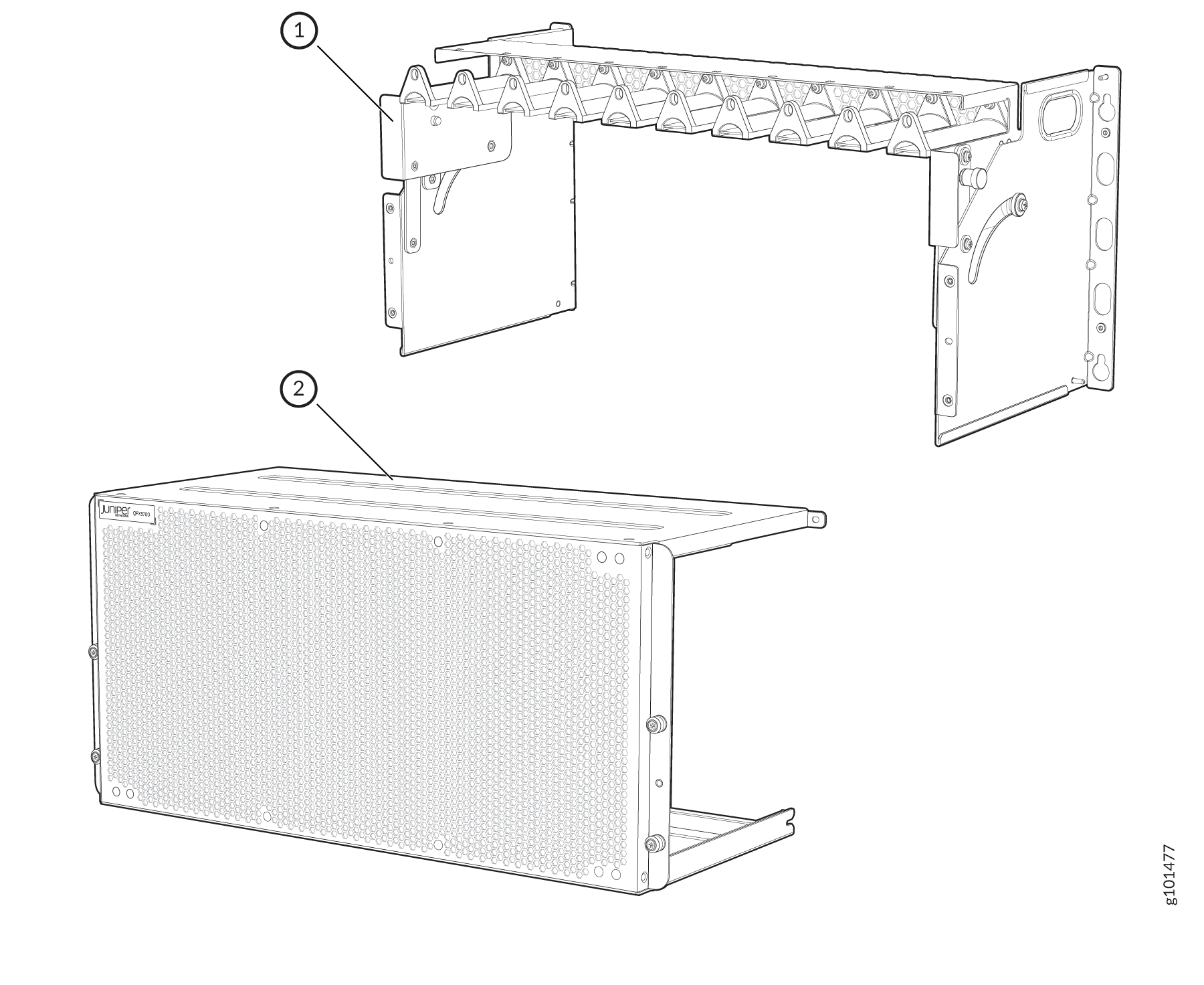 Rack mounting bracket assembly and Juniper network device with ventilation holes and logo for rack installation guide.