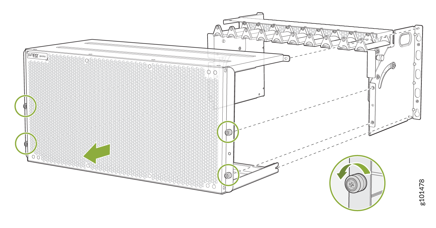 Illustration of installing or removing front panel from a Juniper Networks device with highlighted screws and inset of screw turning direction.
