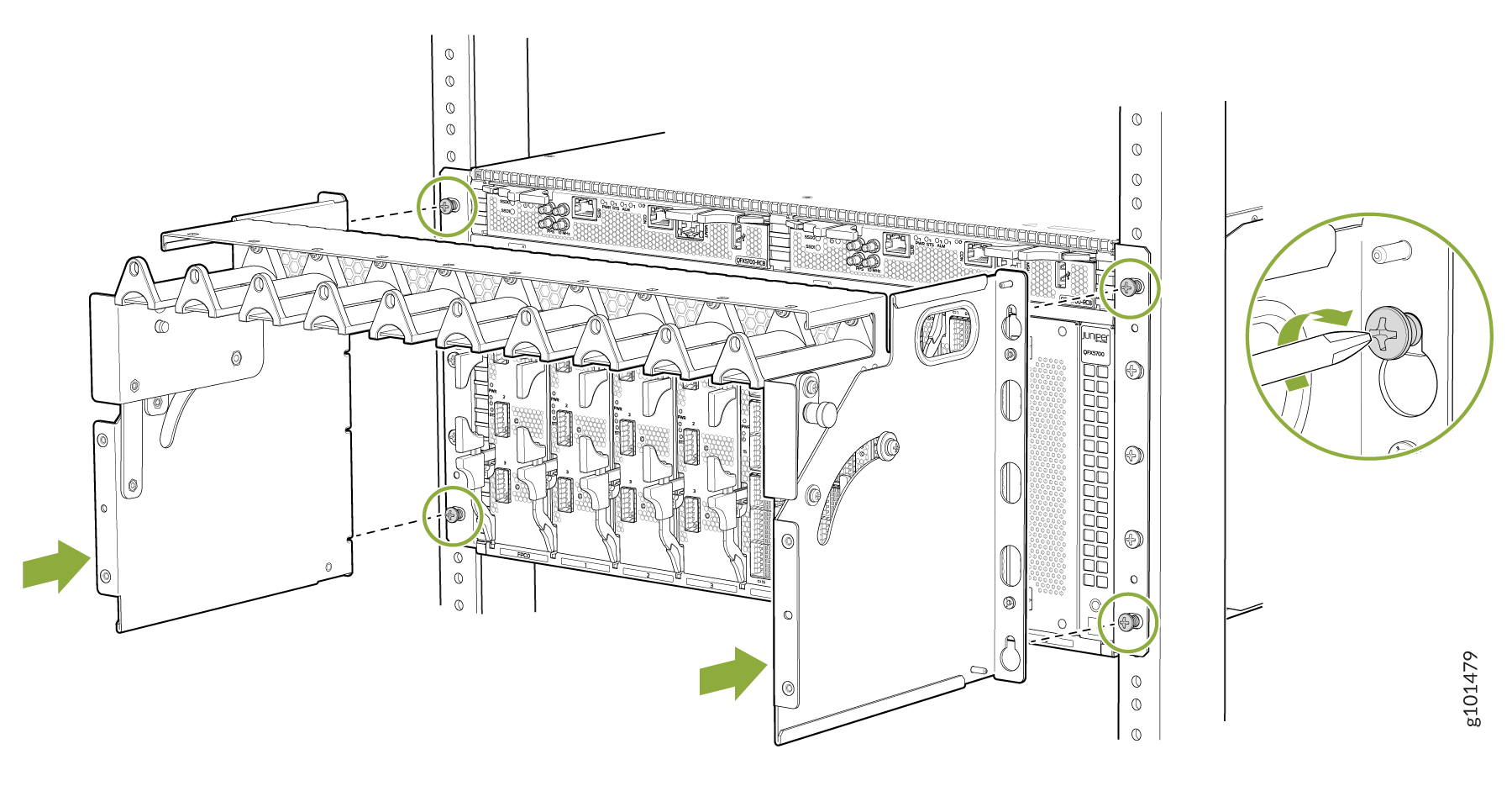 Installation or removal process of a network device with focus on mounting brackets, screws, and modular slots.