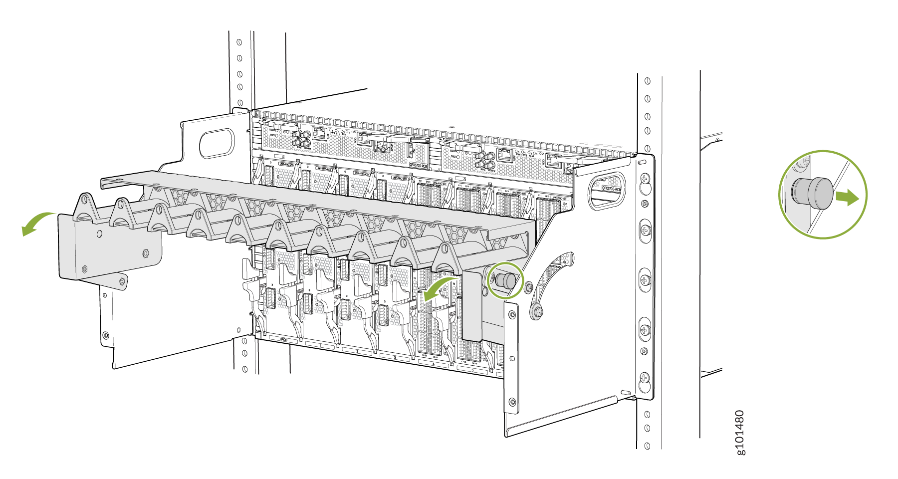 Server rack illustration showing installation of a cable management arm. Arrows indicate movement direction. Inset details a securing latch.