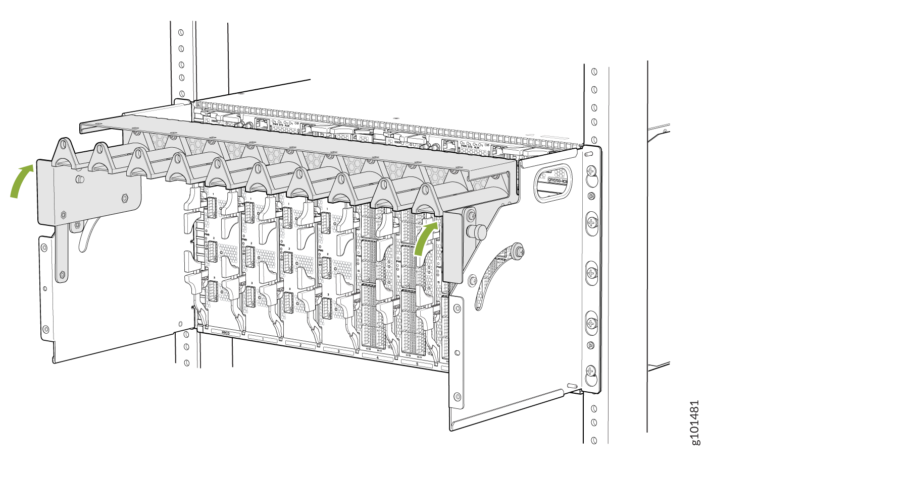 Server rack illustration showing module installation with green arrows indicating movement direction for securing or releasing components.
