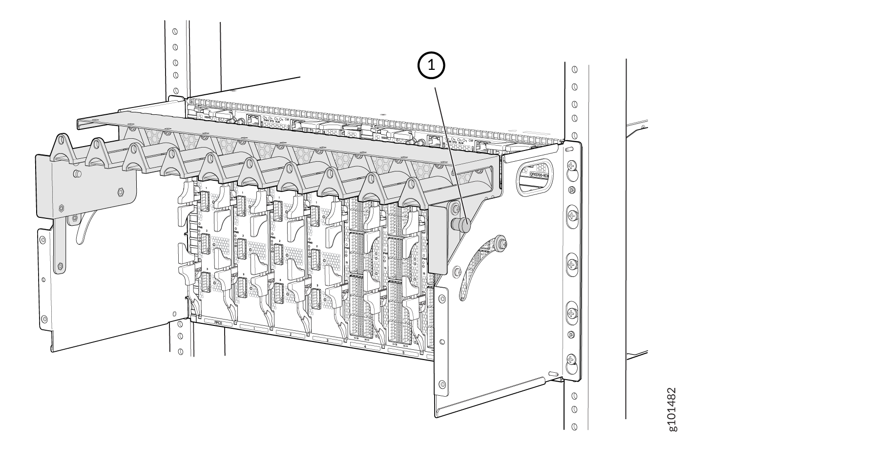 Blade enclosure with numbered label pointing to cable management component in a server rack, part of a data center setup.
