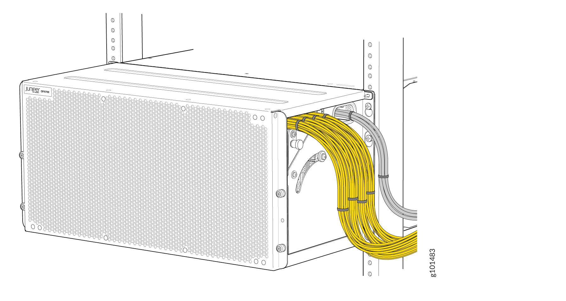 Juniper Networks QFX10000 series switch mounted in a rack with yellow and gray cables connected for data transmission.