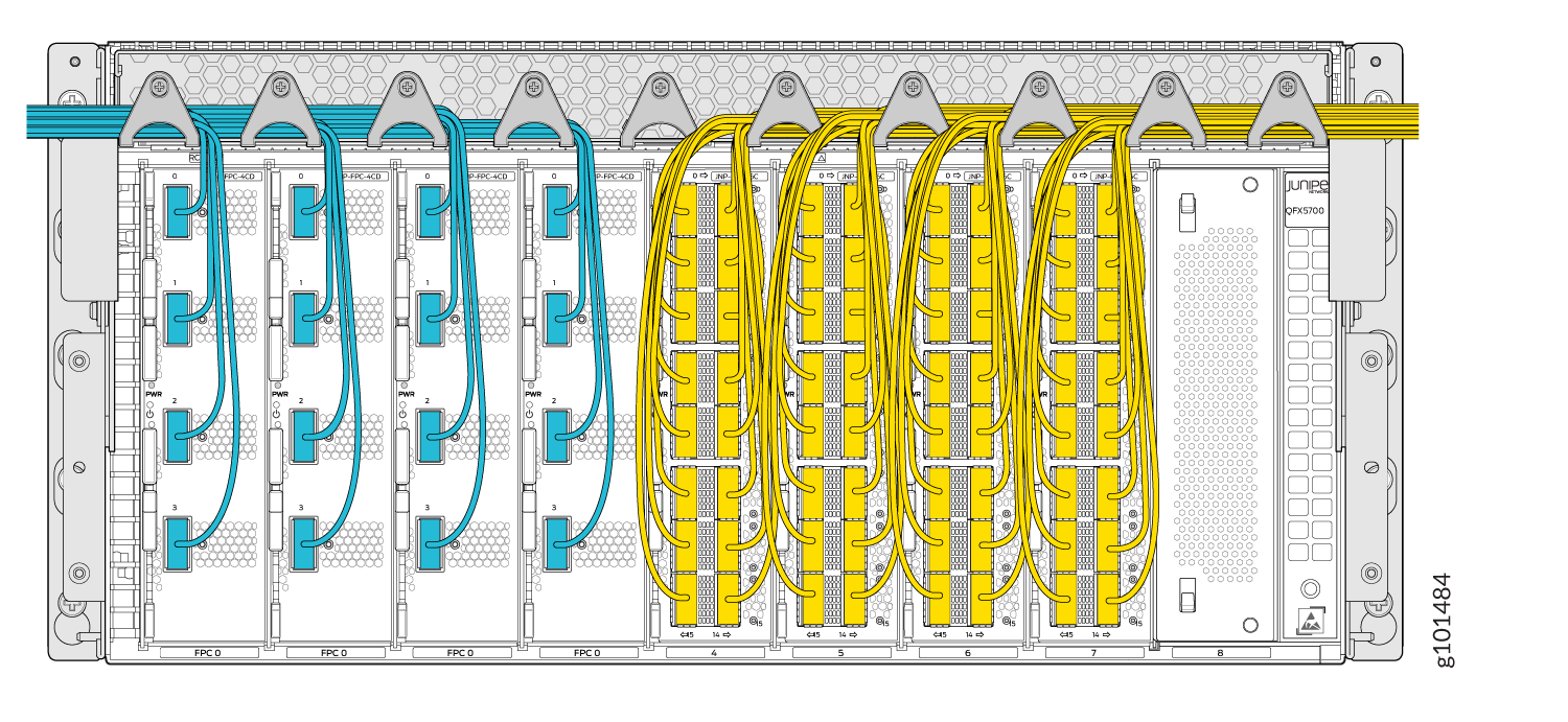 Internal layout of Juniper QFX5700 switch showing line cards labeled FPC, blue and yellow cabling, power indicators, cooling design, and management module.