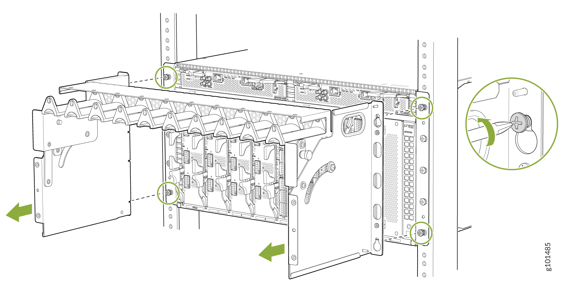 Juniper Networks component installation in a rack with green arrows and circles indicating screw locations and locking mechanism.