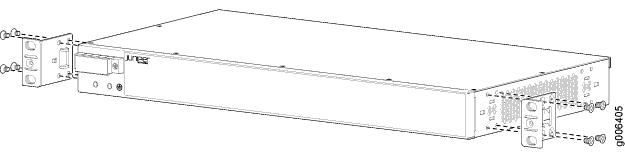 Juniper Networks rack-mounted device with mounting brackets and front panel ports for networking.