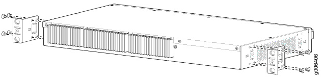 Technical drawing of a rack-mounted network device with front and back panels, mounting brackets, screws, and side ventilation slots.