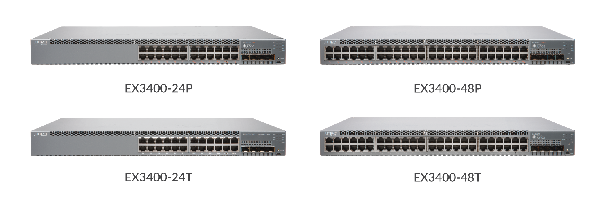 Juniper Networks EX3400 series Ethernet switches; EX3400-24P, EX3400-48P with PoE, EX3400-24T, EX3400-48T without PoE.