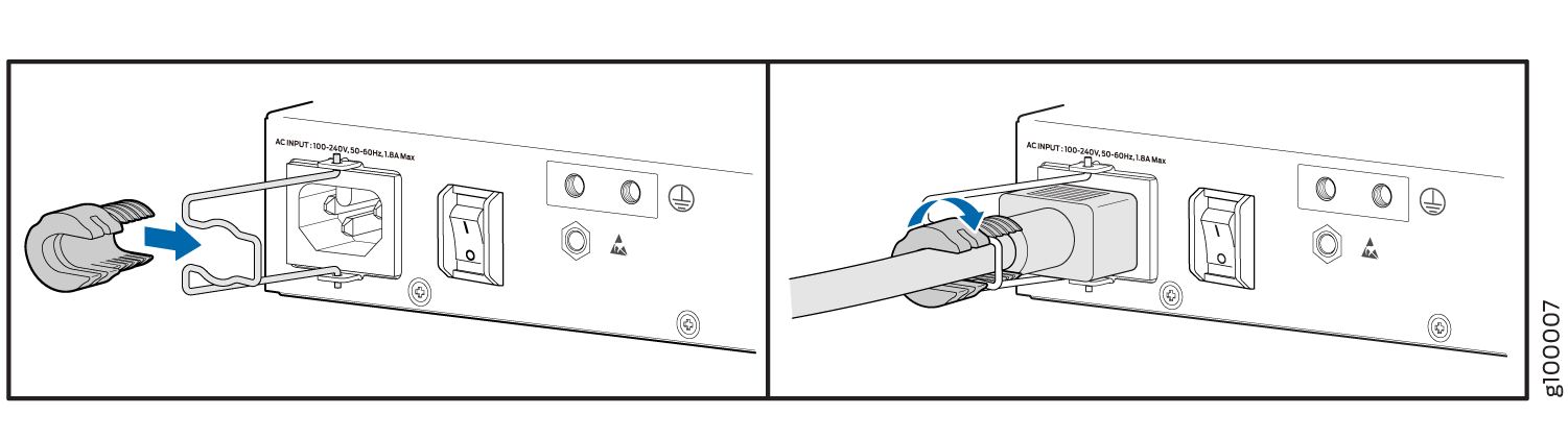 Instructional diagram showing power cable connection to device: left side, arrow indicates insertion direction; right side, curved arrow shows twisting motion to lock cable. Device labeled 100-240V 50-60Hz 1.8A Max.