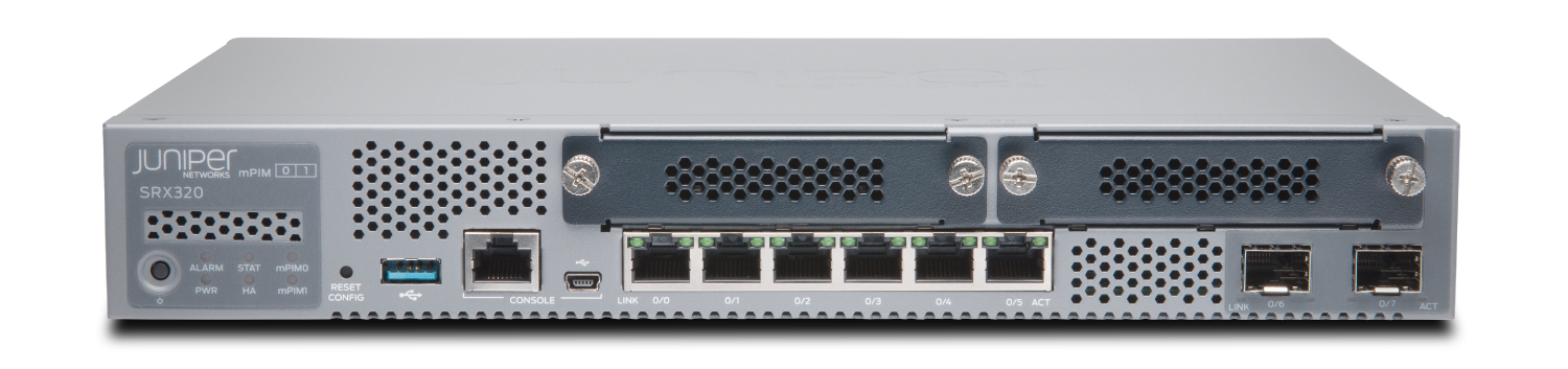 Juniper Networks SRX320 Services Gateway with Ethernet and SFP ports for network connectivity, console and USB ports, reset button, status LEDs, and modular slots.