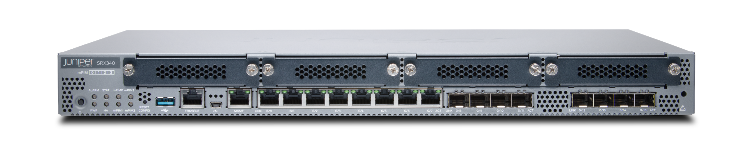 Juniper SRX340 network security device with firewall protection, routing, multiple network ports, and status indicators.