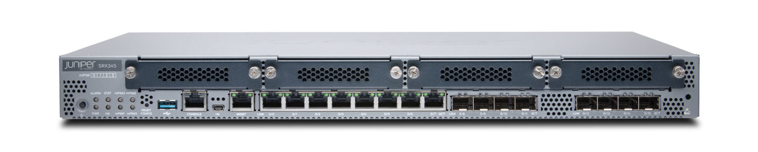 Juniper Networks SRX345 Services Gateway front panel with ports and indicators for network security functions.