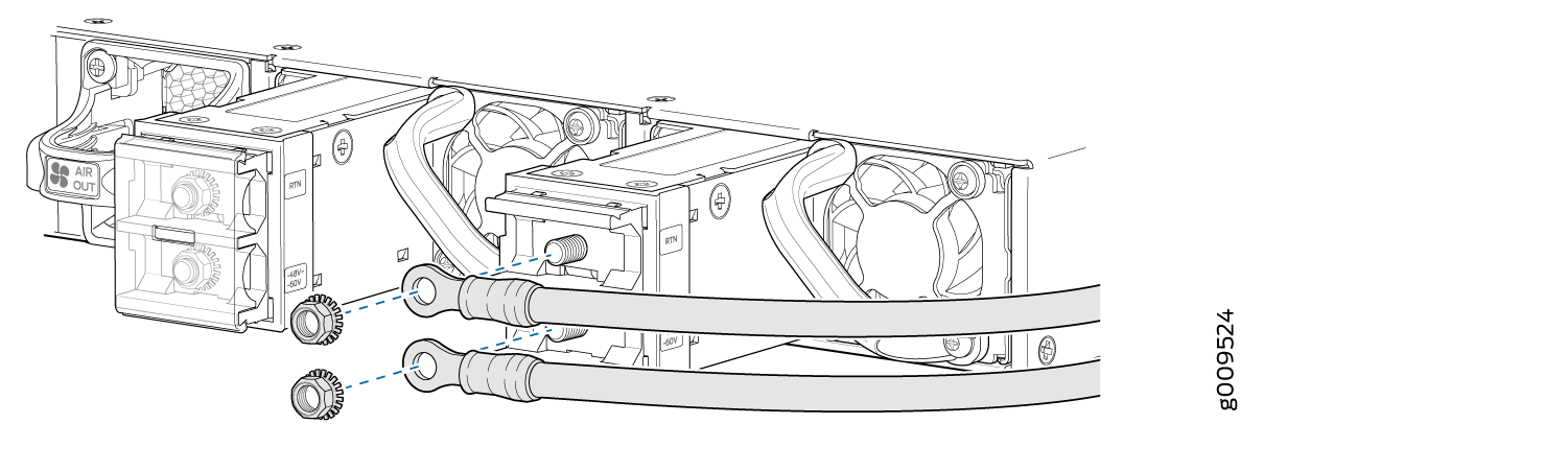 Rear side of server PSU with two power cables, secured by threaded connectors, aligned for attachment. Cooling fans indicate airflow.