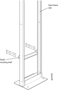 Structural diagram of a server rack with labeled crossbar rod, base, and securing plate for stability and support in IT environments.