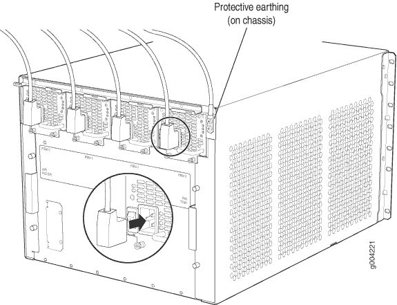 Server chassis with cables connected to the back panel; focus on protective earthing point and ventilation holes; inset highlights a specific back panel component.
